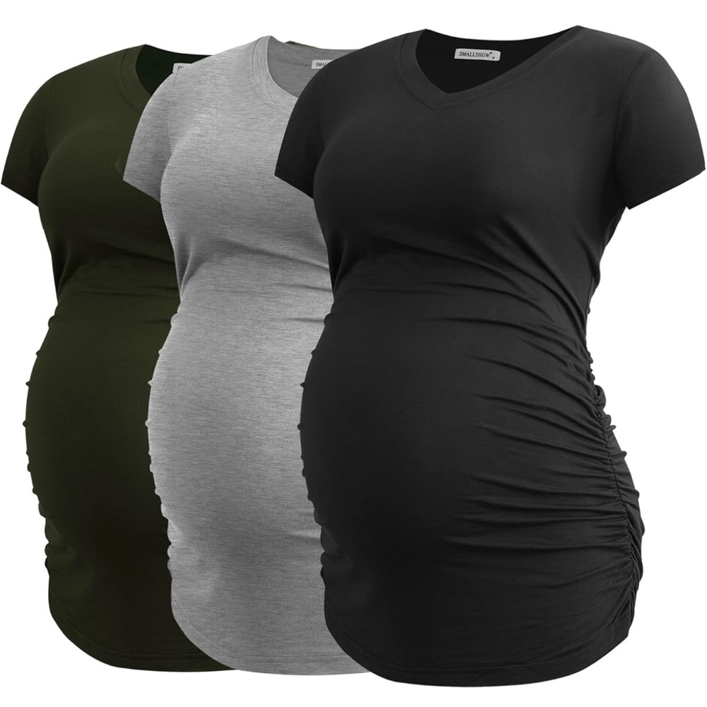 Smallshow Women's V neck Maternity Tops Side Ruched Tunic T-Shirt